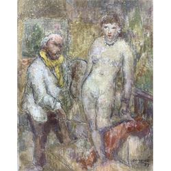 Harold Hope Read (British 1881-1959): 'Artist with Nude' and 'Two Ladies', pastel and watercolour (respectively), signed, labelled verso max 20cm x 16cm (2) (unframed)