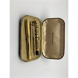   Watermans pen and pencil set in case, Watermans fountain pen inscribed 'S B Graham 4.2.33 in gilt metal case and an Eclipse fountain pen  
