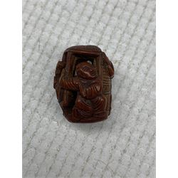 Five Japanese Meiji Ojime carved wooden beads, each intricately carved with figures, animals and foliage, L3cm max (5)