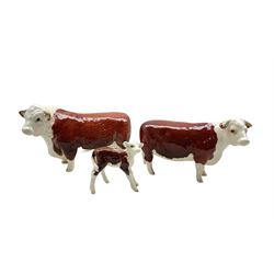 Beswick Hereford Bull model 1363A, first version, Hereford Cow model 1360 and Hereford Calf model 1406B