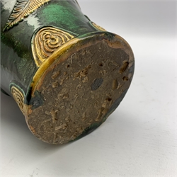 Chinese provincial wine vessel with ring handles, yellow leaves on a green ground H37cm