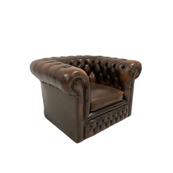 Chesterfield style armchair upholstered in brown deep buttoned leather 