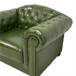 Chesterfield style club armchair, upholstered and buttoned in green fabric with stud work