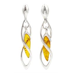 Pair of silver Baltic amber twist design pendant stud earrings, stamped 925 