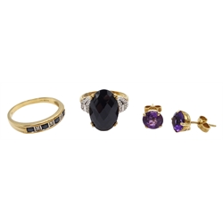 Gold oval briolette cut black onyx ring with diamond set shoulders, gold sapphire and diamond half eternity ring and a pair of gold amethyst stud earrings, all hallmarked 9ct