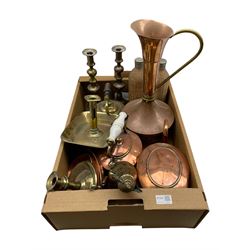Early 19th century brass chamber stick with engraved thumbpiece, brass candlesticks, copper kettles and other metal ware in one box