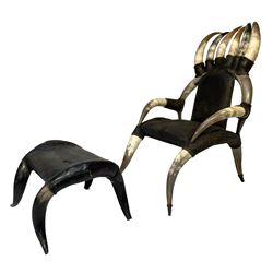Early to mid-20th century horn armchair, bound in leather, with matching footstool