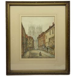 Circle of George Fall (British 1848-1925): View of York Minster from Petergate, watercolour signed 33cm x 27cm