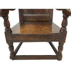 17th century oak Wainscot armchair, arcade carved cresting rail over panelled back and moulded upright rails, shaped arms enclosing plank seat, turned supports united by stretchers 