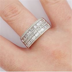 18ct white gold three row baguette and princess cut diamond ring by Iliana, hallmarked 