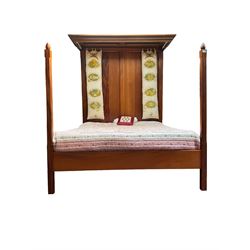 18th century design mahogany half tester bedstead, moulded cornice canopy above panelled headboard, chamfered foot uprights with cone finials, together with mattress, bedspread and hanging cushions designed by Janet Rawlings
