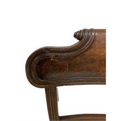 Near set of six Victorian mahogany dining chairs, the scrolled cresting rail and reeded back terminals flanking a carved back rail, over a seat upholstered in ivory floral fabric, raised on reeded and turned supports 
