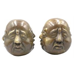 Two Chinese bronzed four-faced Buddha heads, H12cm