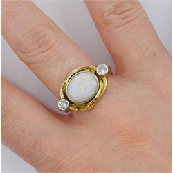 14ct gold three stone opal and round brilliant cut diamond ring, hallmarked