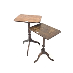 Georgian mahogany occasional table with rectagular top with rounded corners raised on turned pedestal and triple splay supports, (46cm x 35cm, H72cm) together with a 19th century oak tripod table raised on turned column, cabriole supports with pad feet, (32cm x 43cm, H64cm)