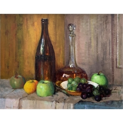 Mary Remington (British 1910-2003): 'Fruit and Wine', oil on board signed, titled verso on Llewellyn Alexander, London label 39cm x 49cm
ARR may apply to this lot