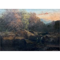 English School (19th century): Derbyshire Landscape with Waterfall at Sunset, oil on canvas in heavy gilt frame 62cm x 87cm