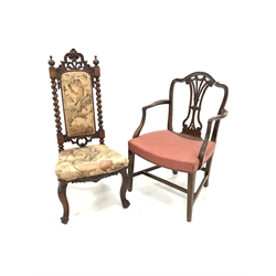 Victorian mahogany hall chair, pierced and scroll carved crest rail with two turned finials over spiral turned uprights, back and seat upholstered in cream floral fabric, further carving to apron, raised on scrolled cabriole supports (W49cm) together with a Georgian style mahogany carver armchair, pierced splat, moulded swept arms, upholstered seat, raised on square tapered supports (W59cm) 