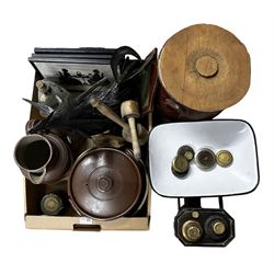 Set of cast iron shop scales, various stoneware pots, leather gilt tooled picture frame, suitcase, hub cap, garden cockerel figure etc