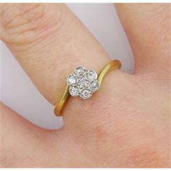 Early 20th century gold old cut diamond flower head cluster ring, stamped