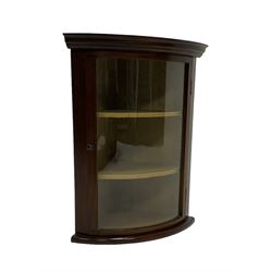 Small mahogany corner cabinet, cylinder glass front enclosing two shelves