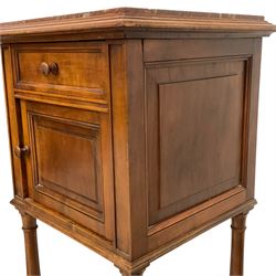 Pair of early 20th century French walnut pot cupboards or bedside lamp tables, with rouge marble top in moulded frame, single drawer over panelled cupboard, on turned supports united by under-tier 