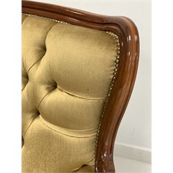 French style beech framed three seat sofa, button back upholstery, raised on four shaped front supports L200cm