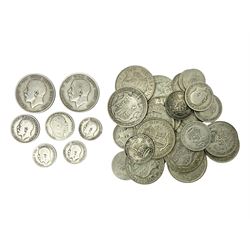 Approximately 45 grams of Great British pre 1920 silver coins and approximately 195 grams of pre 1947 silver coins, including half crowns etc