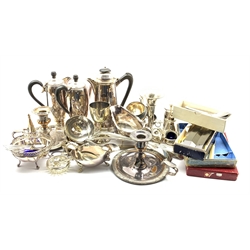 Collection of silver plated items including coffee pot, chamber candlestick, sauce boats, soup ladles etc