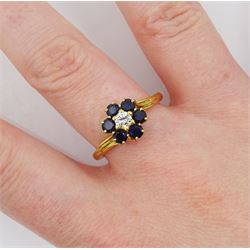 18ct gold round brilliant cut diamond and sapphire cluster ring, hallmarked