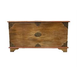 18th century design large hardwood chest or coffer, rectangular hinged lid concealing main compartment with candle boxes to either side, the top and front with pierced foliate brass mounts, the central brass mounts with VOC Dutch (United East India Company) crest, large brass handles to either side, raised on bracket feet