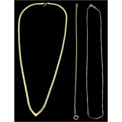 Gold herringbone link necklace, gold box link necklace and a gold bracelet, all hallmarked 9ct