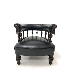  Late 19th century tub shaped library chair, leather upholstered back raised on turned spindle gallery, over upholstered seat, raised on turned oak supports, W72cm