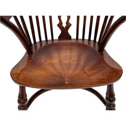 Elm child's Windsor armchair, hoop and stick back with pierced splat, dished seat on turned supports joined by crinoline stretcher
