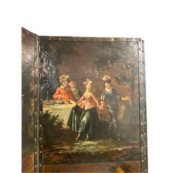 Late 18th century Dutch painted leather six panel screen, each panel depicting four 'Fête Galante' scenes inspired by Watteau, each fold outlined with studded leather borders, the panels variously depicting groups of decorously revelling figures including harlequins, such as Pulchinella, dancing with fair maidens amongst neo-classical garden landscapes, amongst these are pastoral scenes with milkmaids and cattle, the reverse is painted with panels of flowers and foliage, each panel 243cm x 55cm
Provenance: property of a gentleman