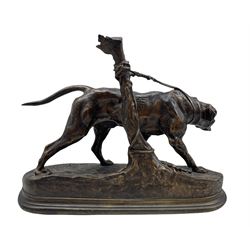 After Pierre-Jules Mene(1810-1877): Bronze of a hound tethered to a post, signature on base L30cm x H25cm  Provenance: 3rd Earl of Feversham