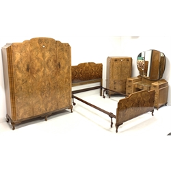 20th century Art Deco style burr walnut four piece bedroom suite, consisting of triple wardrobe with three cross banded doors enclosing interior fitted for hanging and with drawers, raised on cabriole supports (W150cm, H200cm, D52cm) a matching tall boy with three drawers and a cupboard, (W78cm, H140cm, D49cm) a 4'6