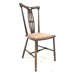 P. E. Gane Ltd Arts & Crafts style chair, shaped top rail and splay, seat upholstered in floral patterned fabric, turned supports joined by 'H' stretcher 