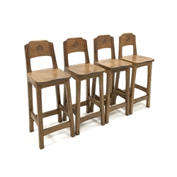 'Catman' set of four Yorkshire oak bar stools, back rest carved with Yorkshire rose roundel, shaped and adzed seat panel, raised on square supports, by Chris Checksfield of Whitby (Ex Gnomeman) W32cm