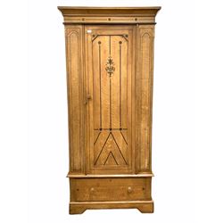 Late Victorian scumbled pine single wardrobe, the fielded panelled door enclosing interior fitted for hanging, with drawer to base W95cm, H206cm, D46cm