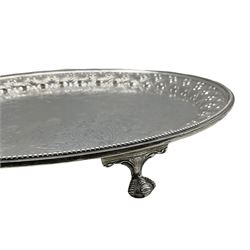 Victorian engraved silver salver with raised border on claw and ball feet D26cm Sheffield 1864 Maker Martin Hall & Co 19oz