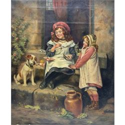 English Naive/Primitive School (19th century): Children and Dog on Cottage Steps, oil on canvas indistinctly signed 61cm x 51cm (unframed)