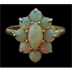 9ct gold opal marquise shaped cluster ring, London import marks 1982