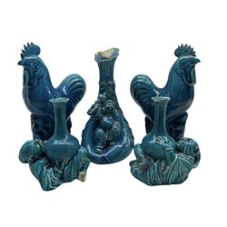 Pair of Chinese turquoise glazed Cockerels H25cm, a similar glazed Oriental vase in the form of a figure seated on a ribbon tied sack and another pair (5)
