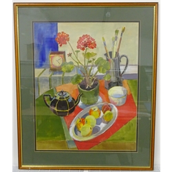 Anne Williams (British 20th century): 'The Black Teapot', gouache signed, titled on label verso, and Still Lifes of Flowers, two oils on board unsigned, max 62cm x 49cm (3) 
Provenance: direct from the artist's family. Anne was a local artist who lived at Malton and later York.