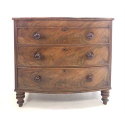 Victorian figured mahogany bow front chest fitted with three drawers , raised on turned supports W109cm, H98cm, D57cm