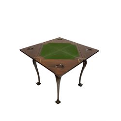 Early 20th century mahogany card table, the envelope top, opening to reveal baize lined top, over one frieze drawer, raised on ball and claw supports (W59cm, H75cm, D59cm)