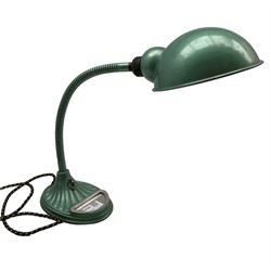 1920s/ 30s desk green finish adjustable desk lamp on shell form base, H58cm max