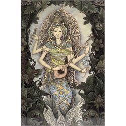 Gst Kt Ngurah (Balinese): Sawaswati the Hindu Goddess, watercolour signed 28cm x 19cm