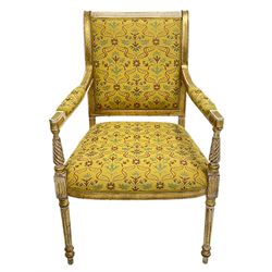 Pair French style cream and parcel gilt finish open armchairs, scrolled uprights, upholstered in deep yellow fabric decorated floral motifs, turned and fluted supports